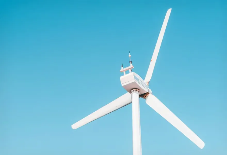A turbine nacelle and rotor seen from the mast