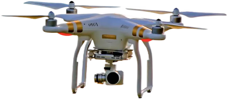 A small drone in flight against the sky over the airfield