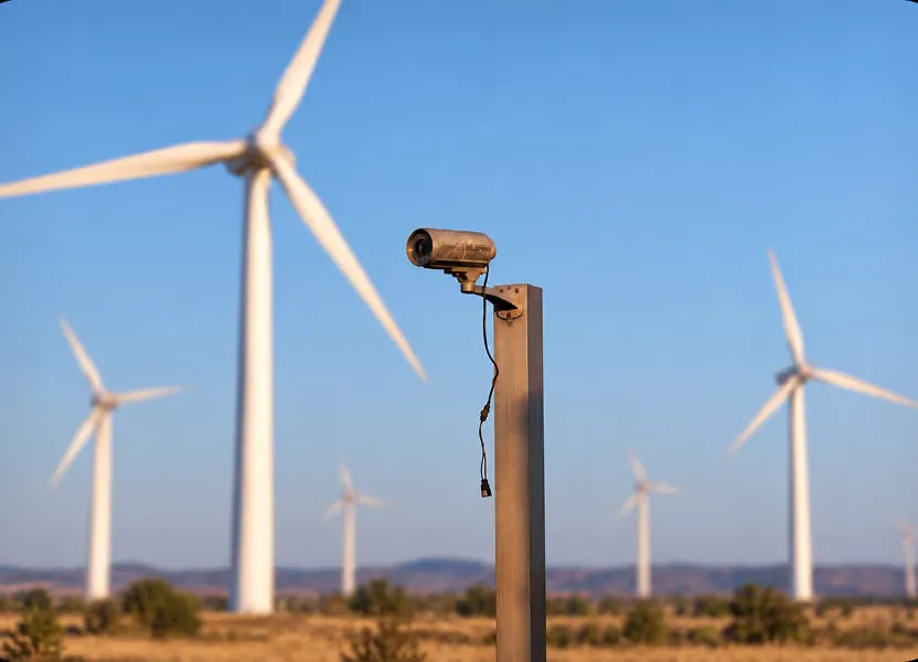 A lattice camera mast on a concrete base beside a turbine