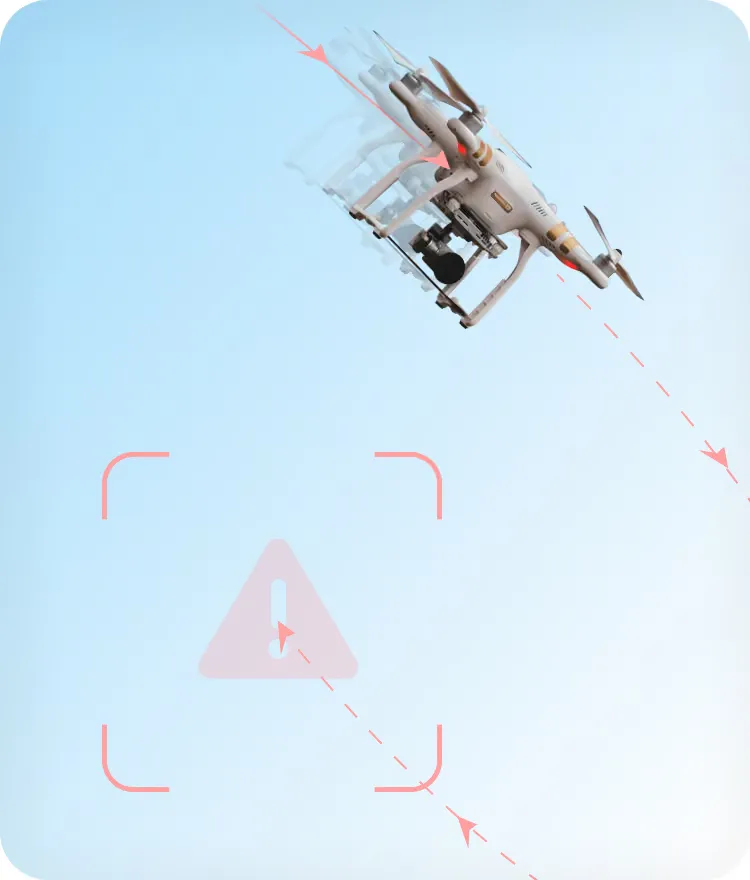 A drone on a collision path with the warning frame and its projected track